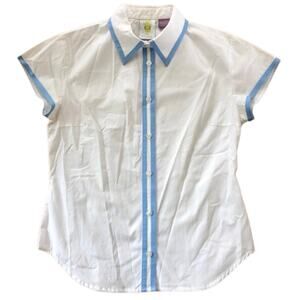 C.J Laing button down white short sleeved blouse / shirt with blue trim size 4